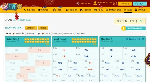 Giao diện keno game Five88